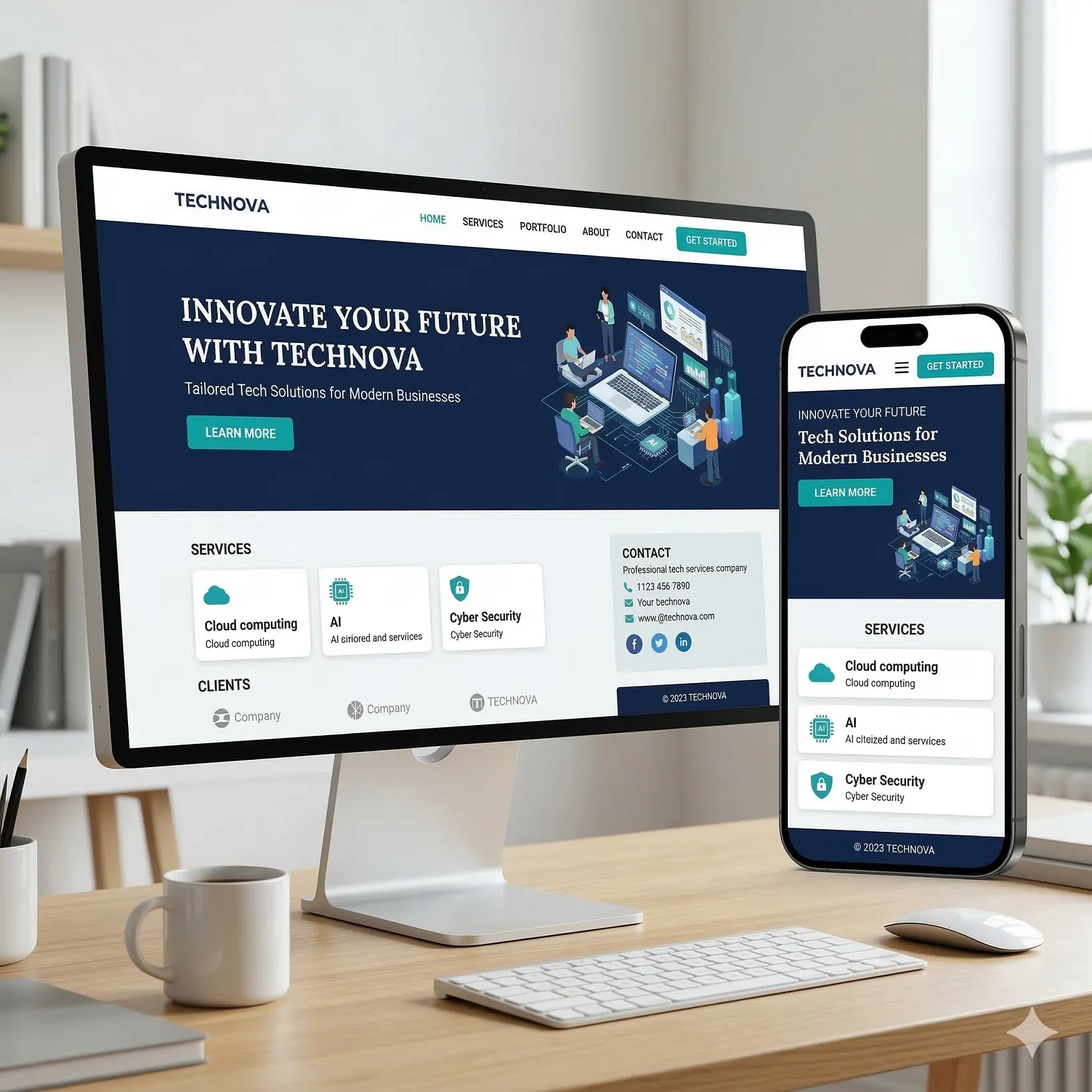 Maquette d'un site web professionnel sur ordinateur et mobile